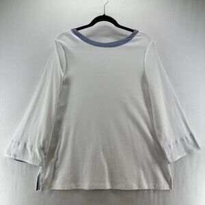 Nautica Cotton Top Womens XL Boat Neck Flip Cuff Chambray Trim 3/4 Sleeve White